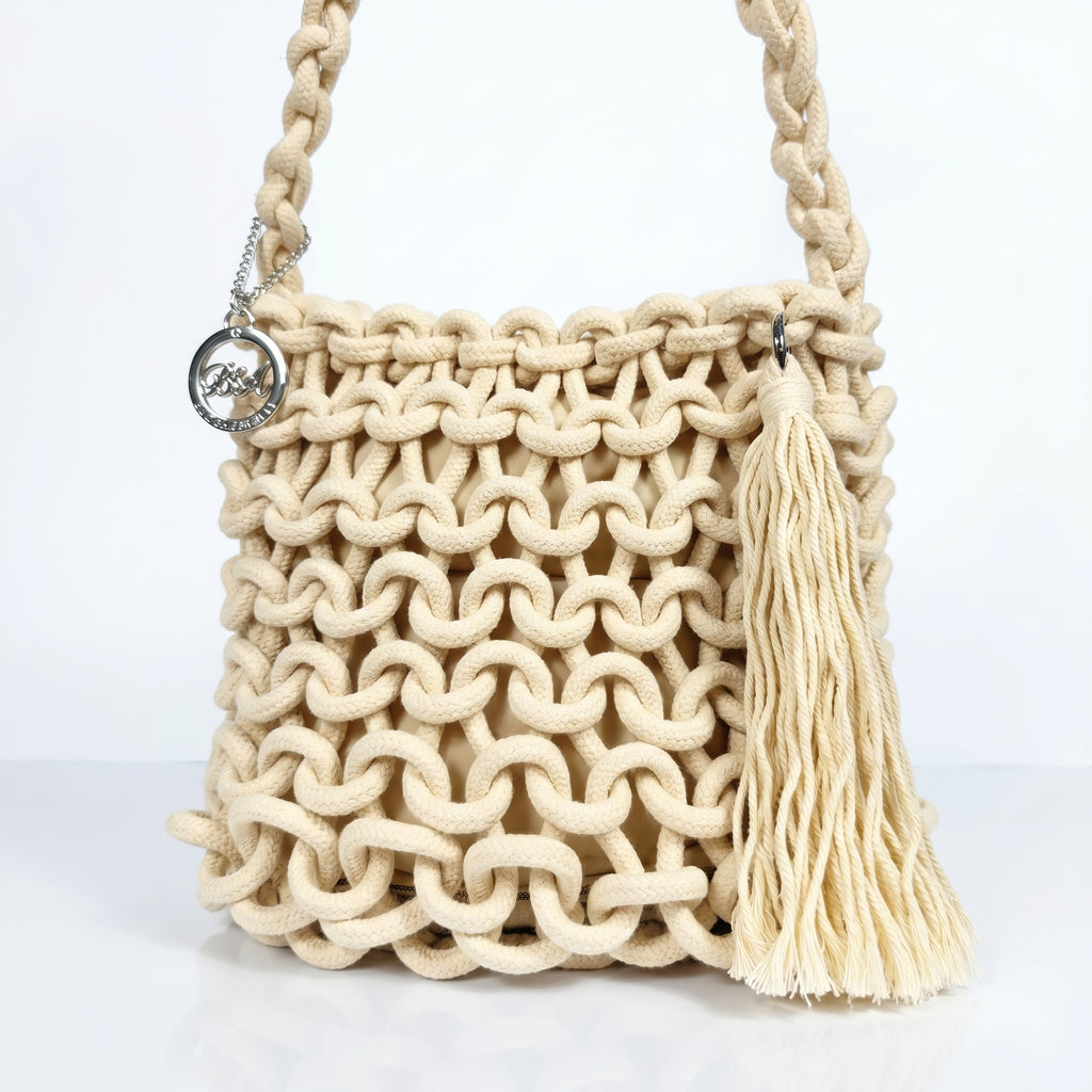 Baci & Abbracci Borsa a Spalla Grande in Corda di Cotone Intrecciata con Nappina - Stile Donna Bags