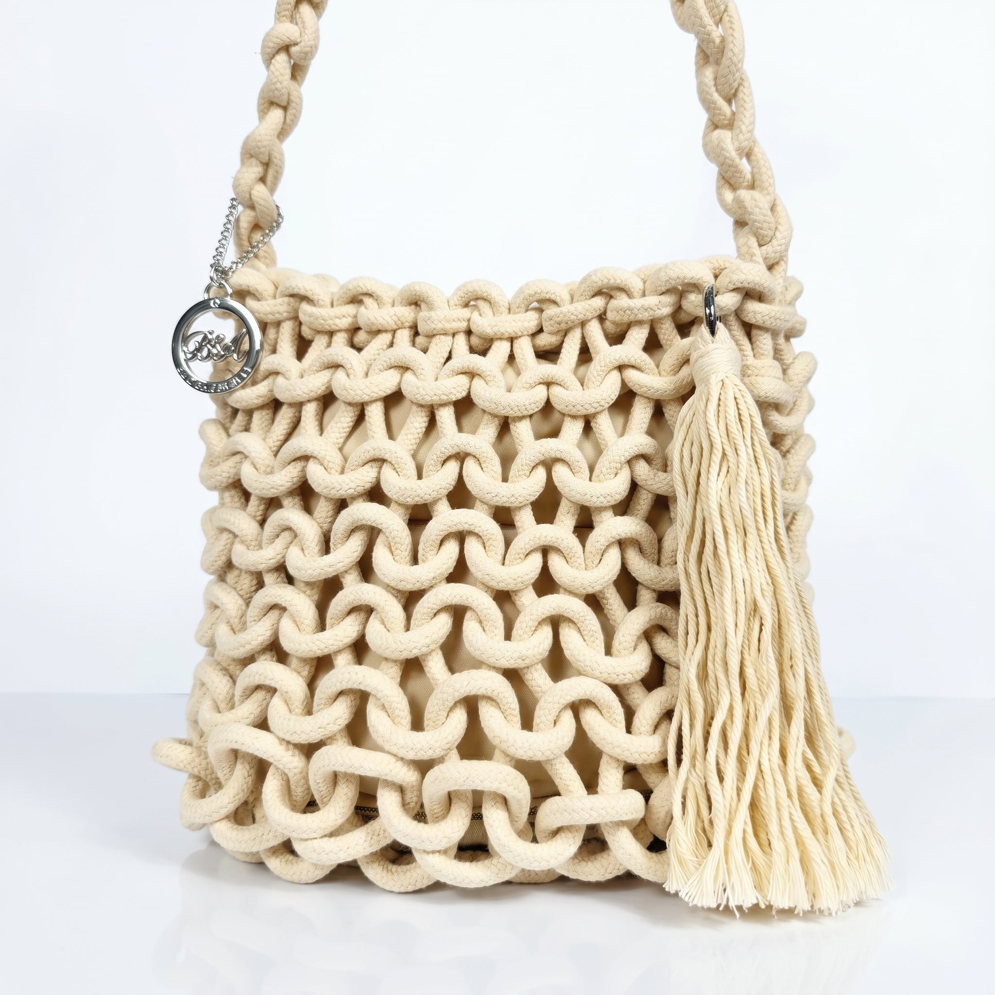 Baci & Abbracci Borsa a Spalla Grande in Corda di Cotone Intrecciata con Nappina - Stile Donna Bags