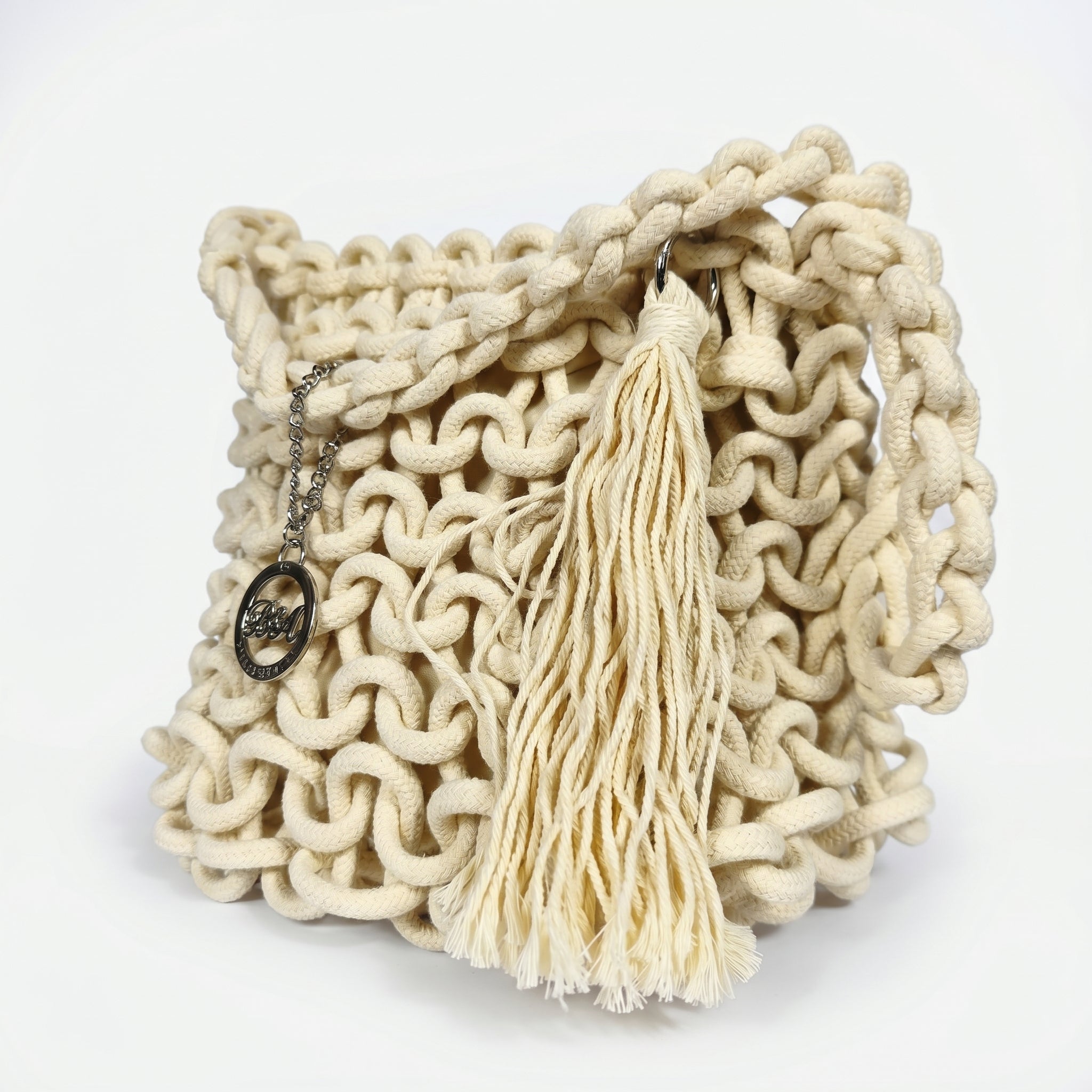 Baci & Abbracci Borsa a Spalla Grande in Corda di Cotone Intrecciata con Nappina - Stile Donna Bags