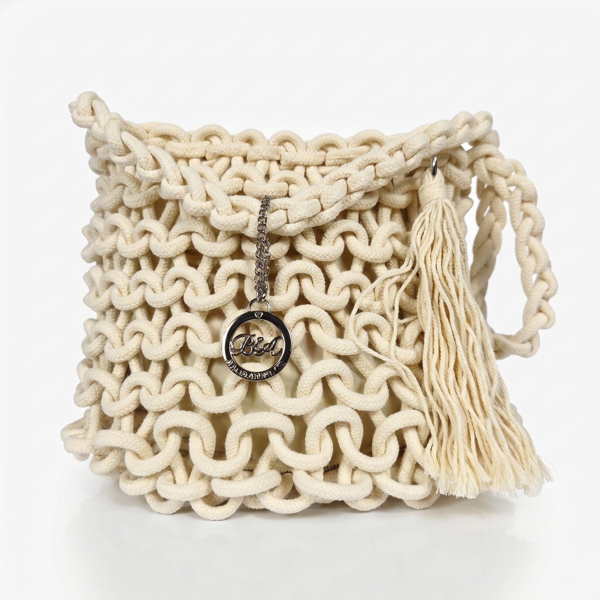 Baci & Abbracci Borsa a Spalla Grande in Corda di Cotone Intrecciata con Nappina - Stile Donna Bags