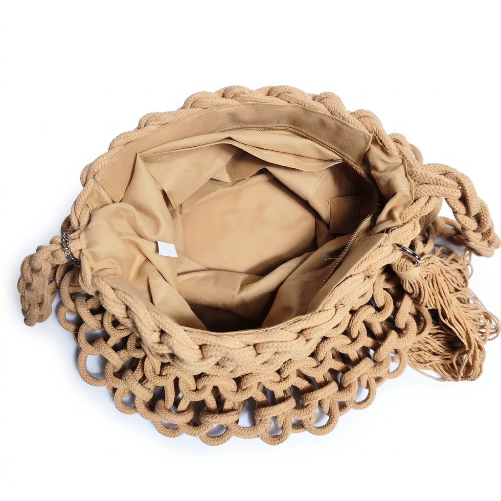 Baci & Abbracci Borsa a Spalla Grande in Corda di Cotone Intrecciata con Nappina - Stile Donna Bags