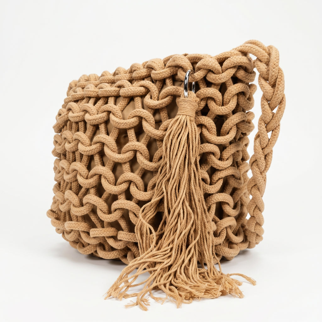 Baci & Abbracci Borsa a Spalla Grande in Corda di Cotone Intrecciata con Nappina - Stile Donna Bags