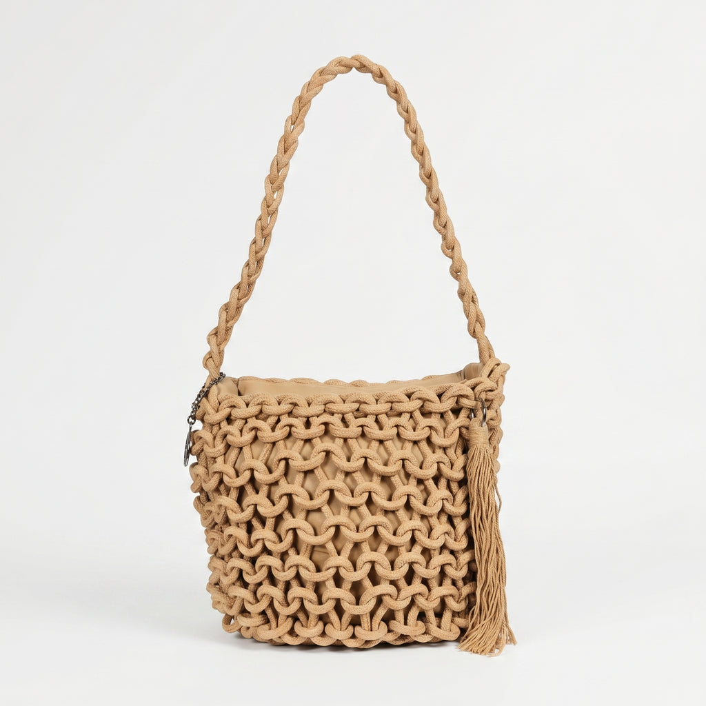 Baci & Abbracci Borsa a Spalla Grande in Corda di Cotone Intrecciata con Nappina - Stile Donna Bags
