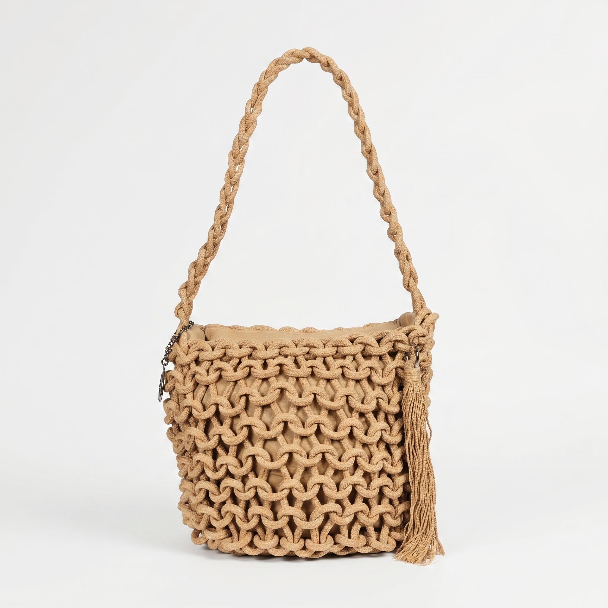 Baci & Abbracci Borsa a Spalla Grande in Corda di Cotone Intrecciata con Nappina - Stile Donna Bags