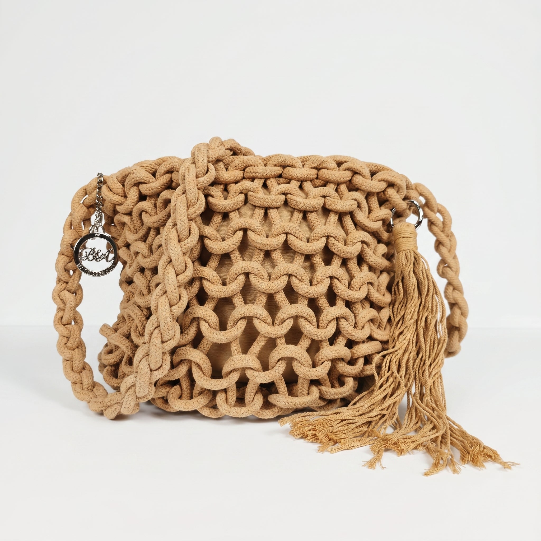 Baci & Abbracci Borsa a Spalla Grande in Corda di Cotone Intrecciata con Nappina - Stile Donna Bags