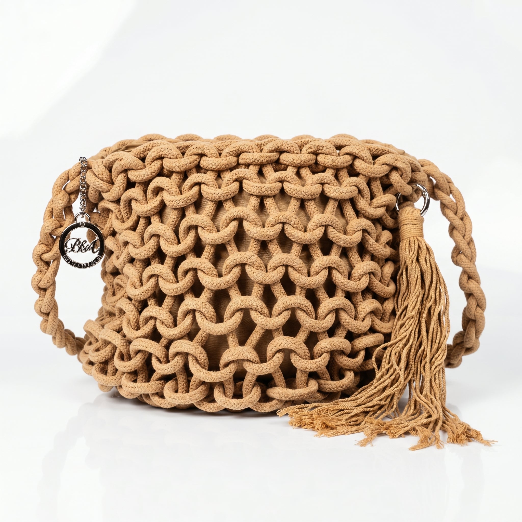 Baci & Abbracci Borsa a Spalla Grande in Corda di Cotone Intrecciata con Nappina - Stile Donna Bags