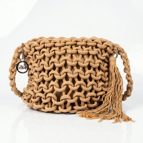 Baci & Abbracci Borsa a Spalla Grande in Corda di Cotone Intrecciata con Nappina - Stile Donna Bags
