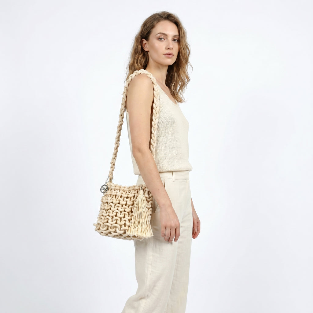 Baci & Abbracci Borsa a Spalla Grande in Corda di Cotone Intrecciata con Nappina - Stile Donna Bags