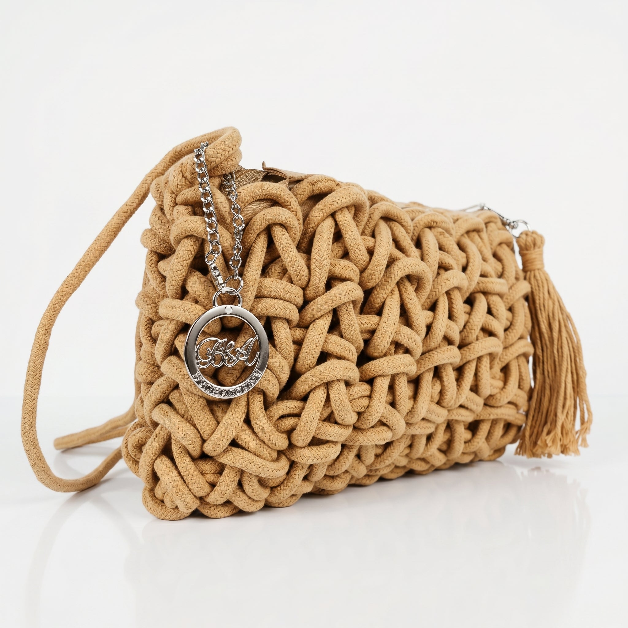Baci & Abbracci Borsa a Tracolla Intrecciata in Corda di Cotone con Nappina - Stile Donna Bags