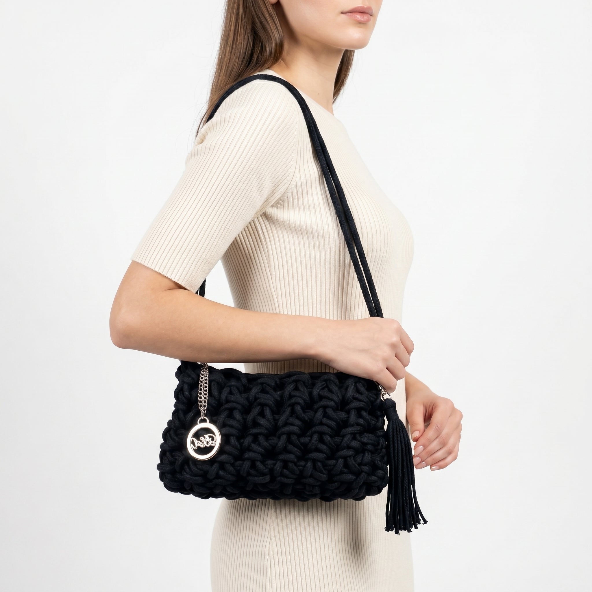 Baci & Abbracci Borsa a Tracolla Intrecciata in Corda di Cotone con Nappina - Stile Donna Bags