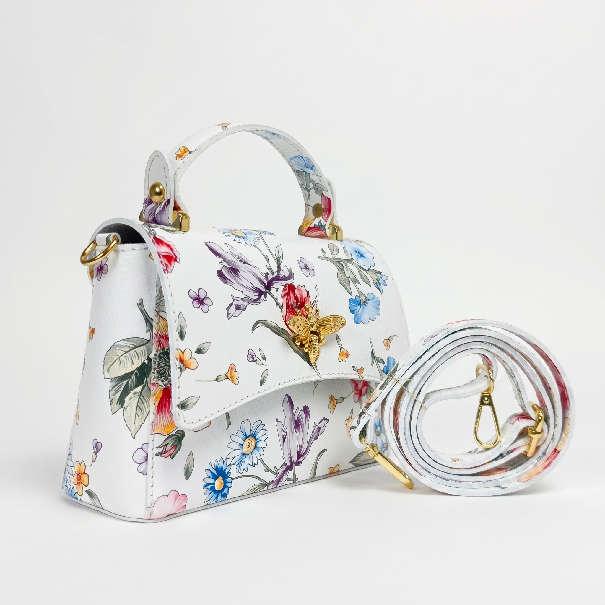 Borsa Farfalla in Vera Pelle con Stampa Floreale Made in Italy - Stile Donna Bags