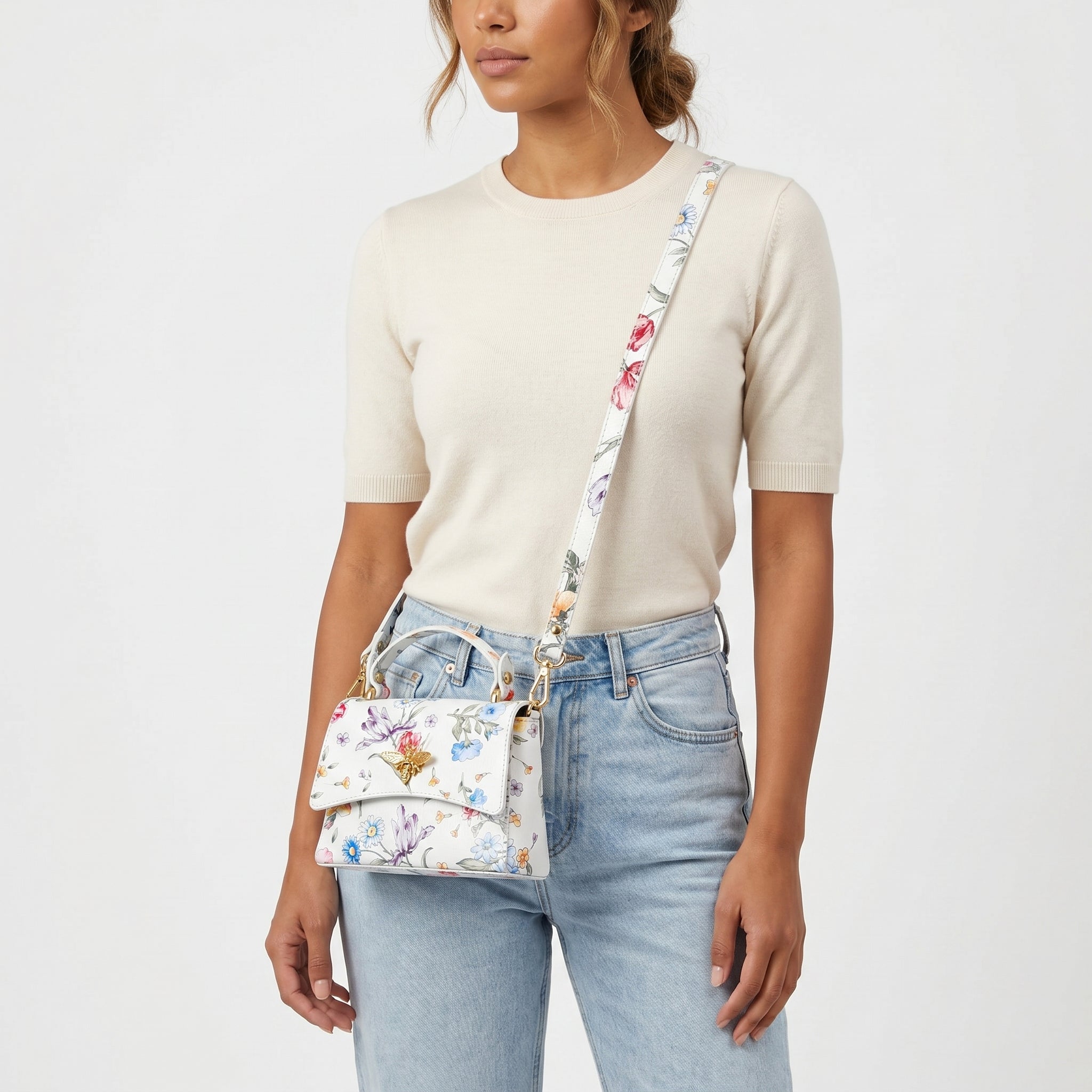 Borsa Farfalla in Vera Pelle con Stampa Floreale Made in Italy - Stile Donna Bags