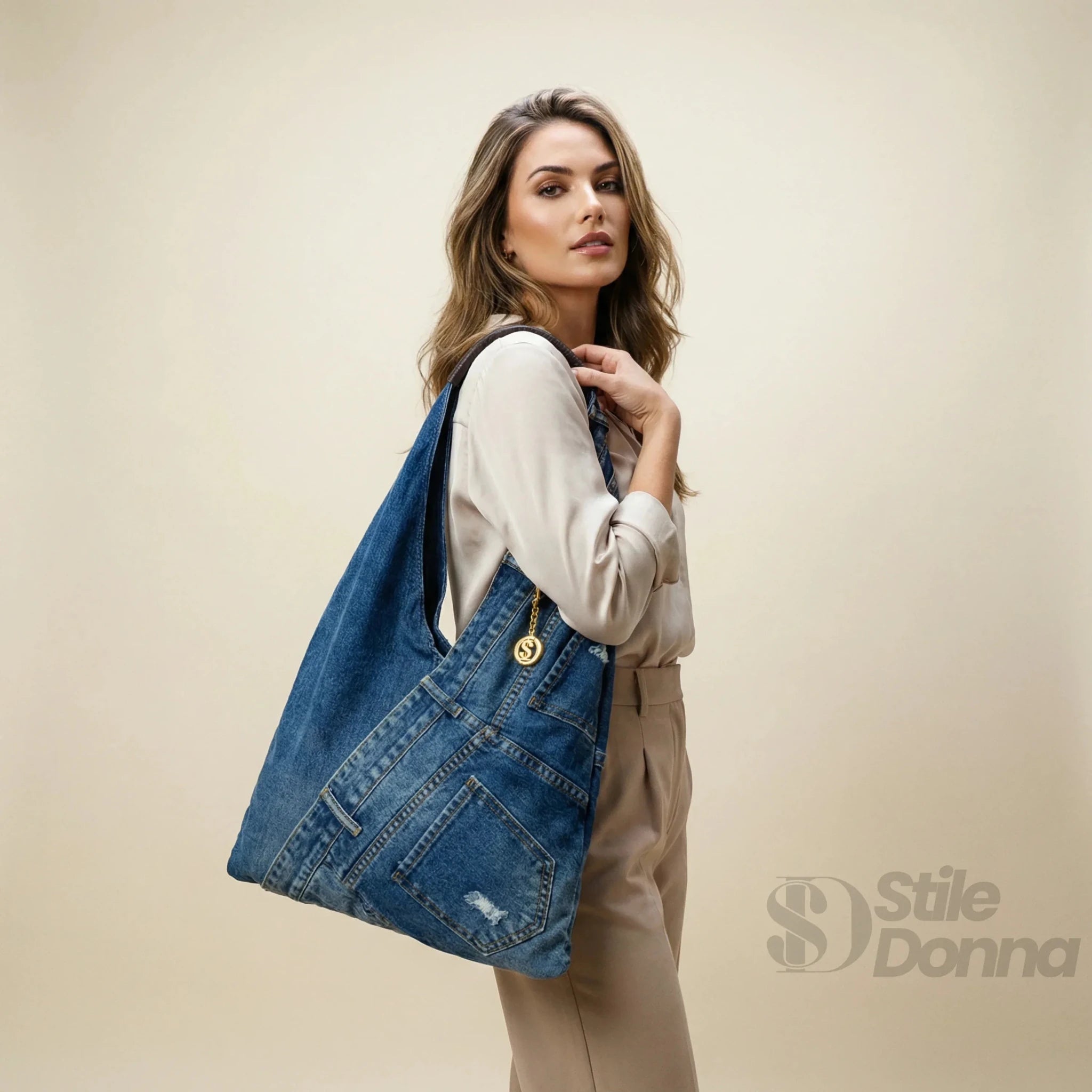 Borsa Hobo Tote in Denim con Stampa Grafica e Dettagli Dorati - Stile Donna Bags