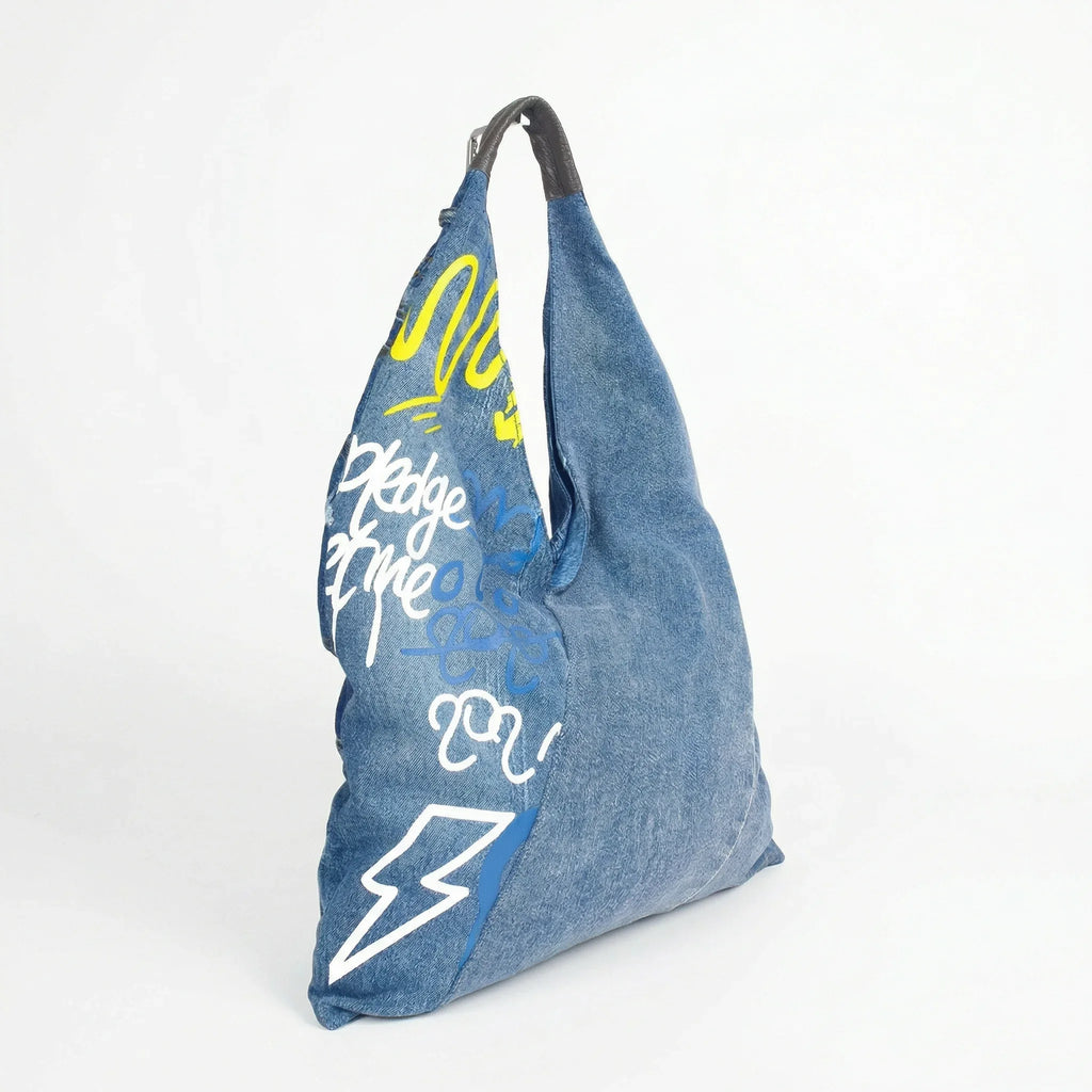 Borsa Hobo Tote in Denim con Stampa Grafica e Dettagli Dorati - Stile Donna Bags