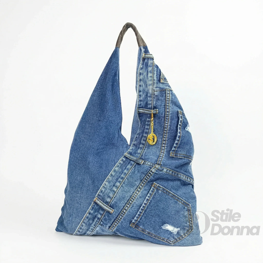 Borsa Hobo Tote in Denim con Stampa Grafica e Dettagli Dorati - Stile Donna Bags