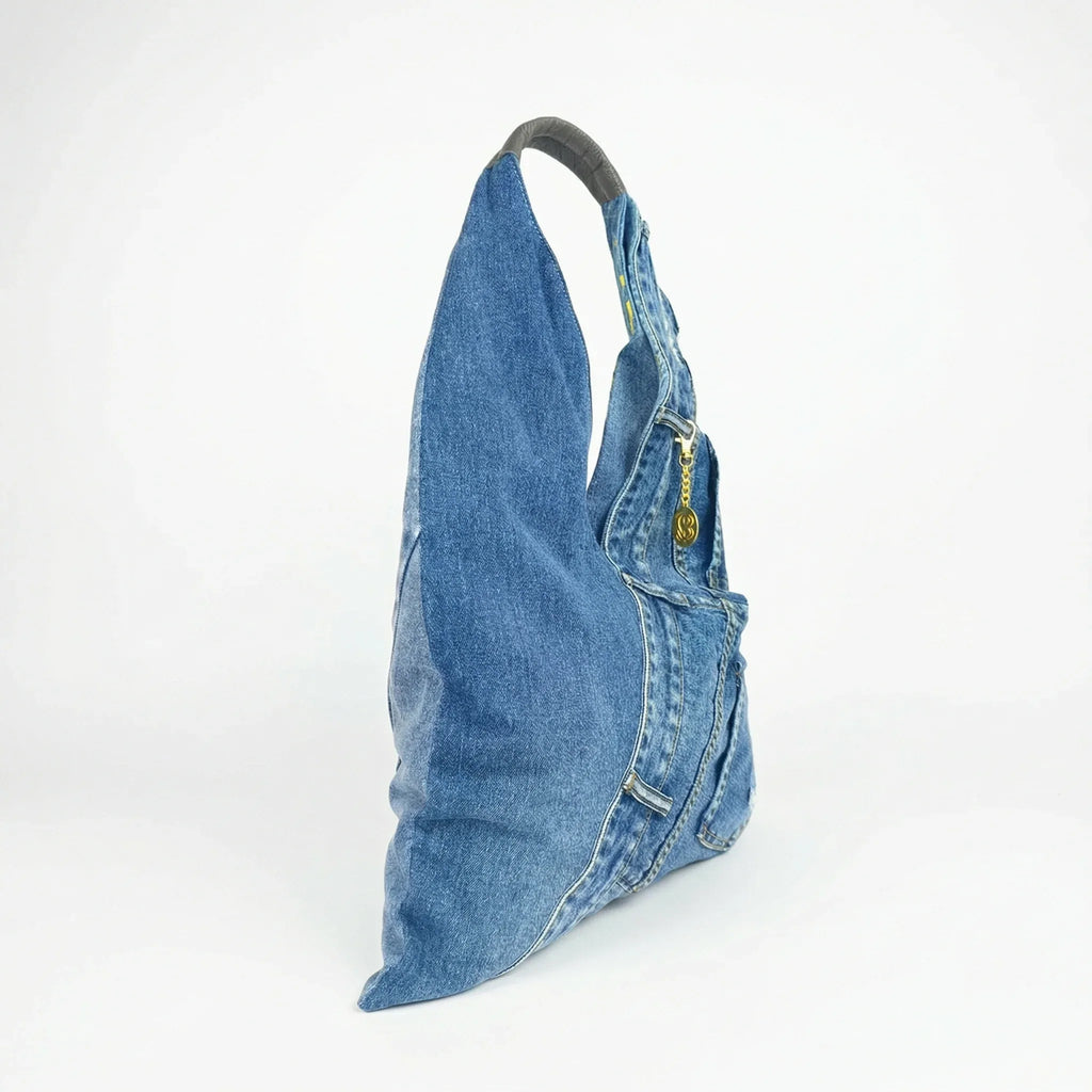 Borsa Hobo Tote in Denim con Stampa Grafica e Dettagli Dorati - Stile Donna Bags