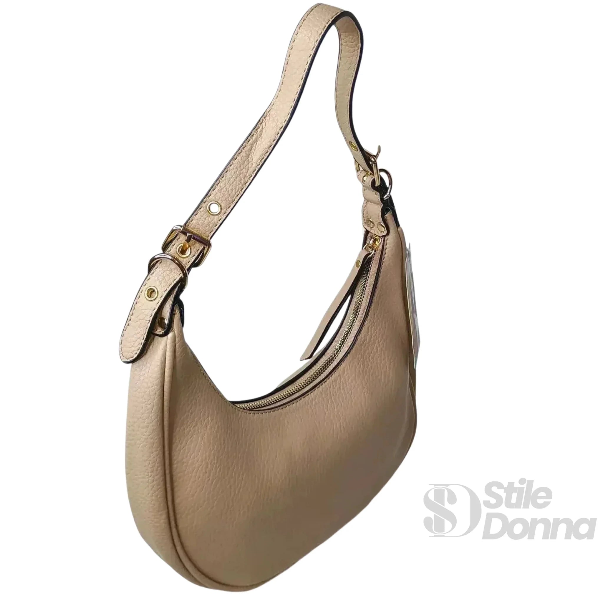 Borsa Hobo a Spalla in Ecopelle Beige con Chiusura a Zip - Stile Donna Bags