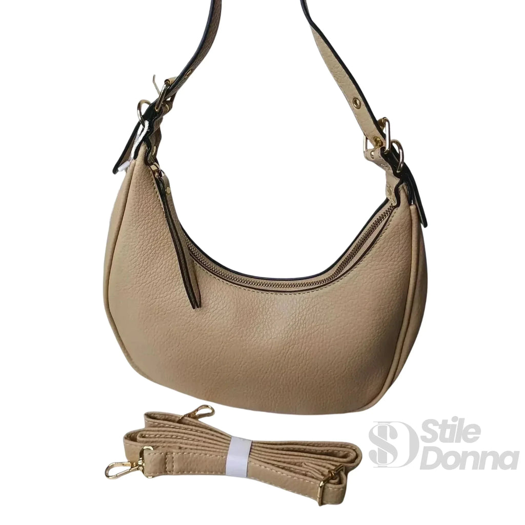 Borsa Hobo a Spalla in Ecopelle Beige con Chiusura a Zip - Stile Donna Bags