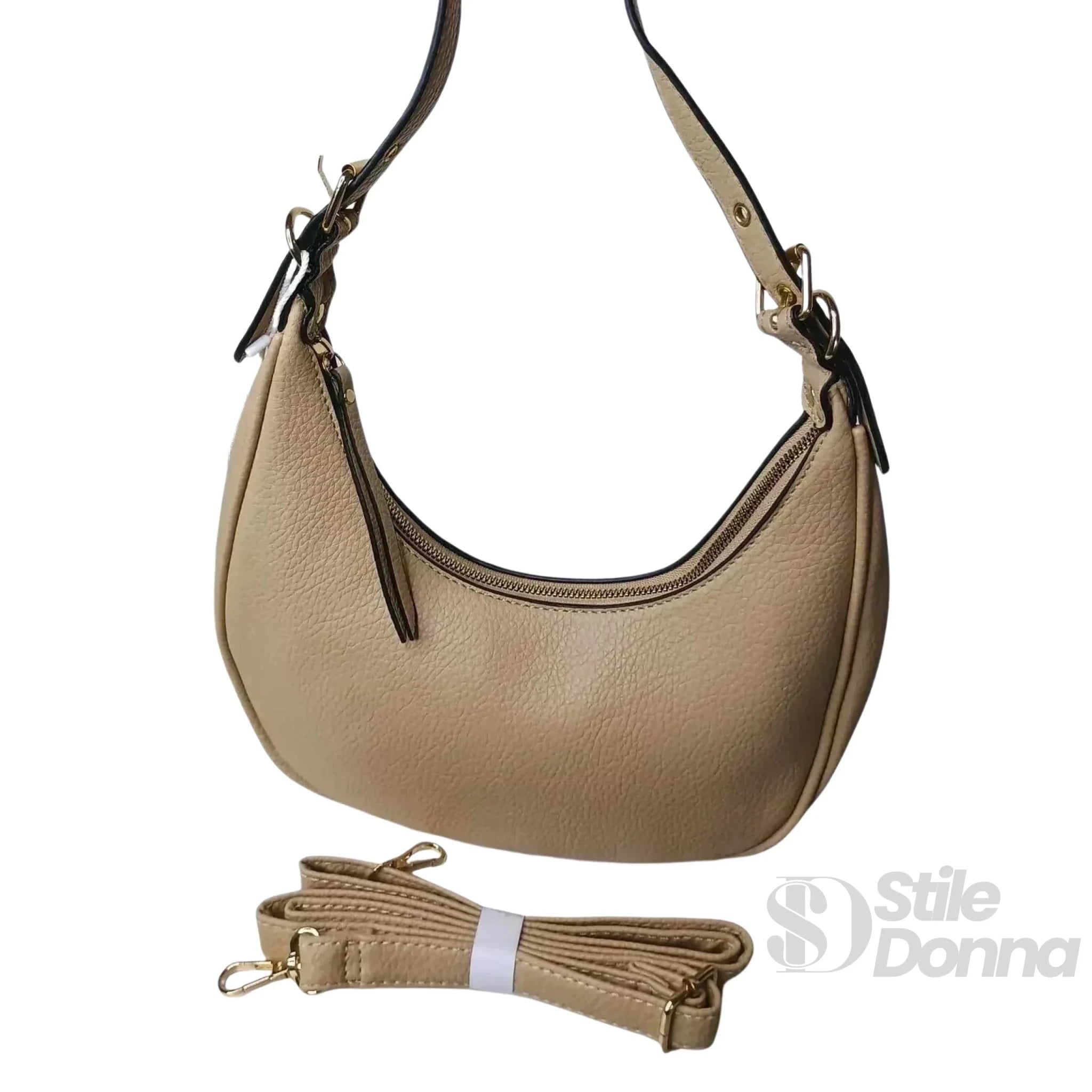 Borsa Hobo a Spalla in Ecopelle Beige con Chiusura a Zip - Stile Donna Bags