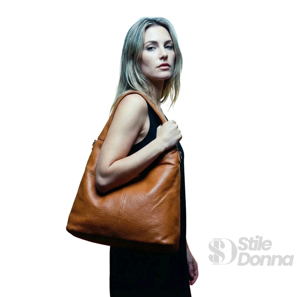 Borsa Hobo in Ecopelle Marrone con Chiusura a Zip e Tracolla Regolabile - Stile Donna Bags