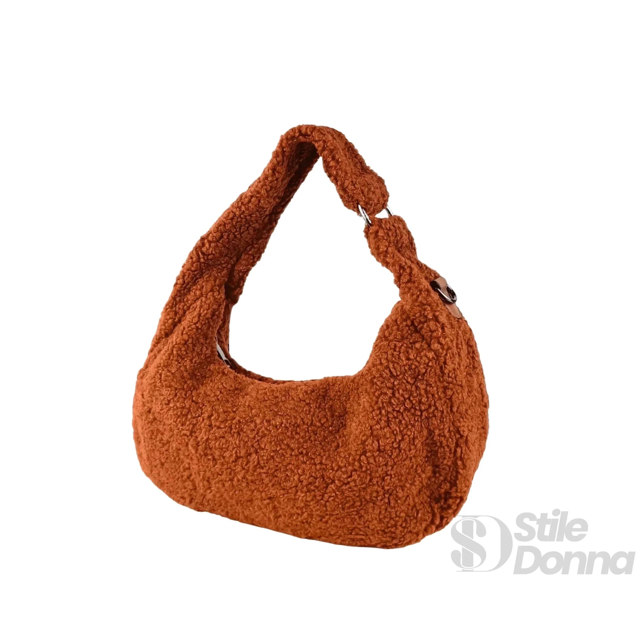 Borsa Hobo in Tessuto Testurizzato con Trama a Orsacchiotto Color Marrone - Stile Donna Bags
