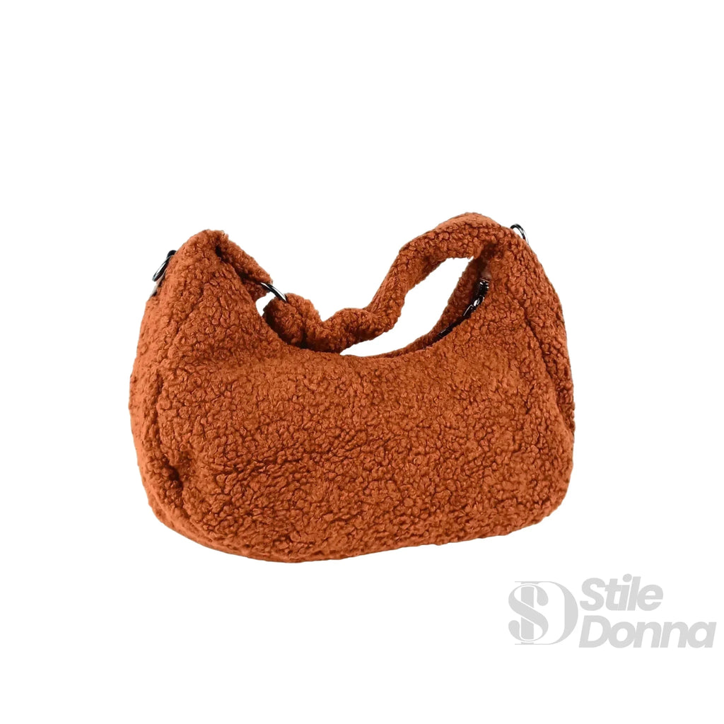 Borsa Hobo in Tessuto Testurizzato con Trama a Orsacchiotto Color Marrone - Stile Donna Bags