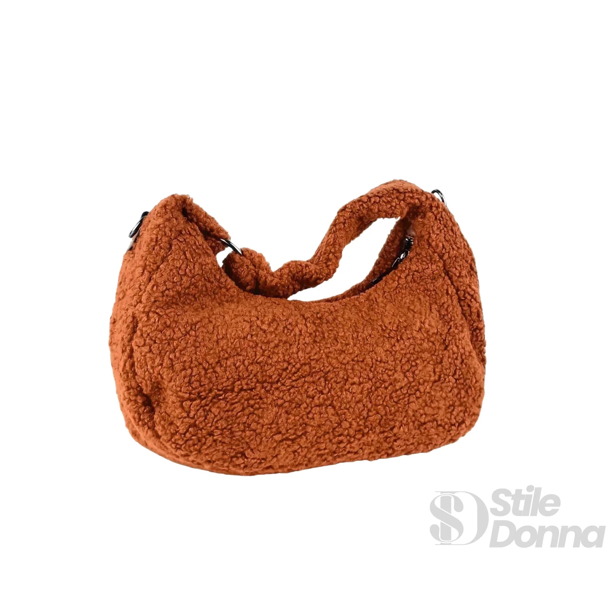 Borsa Hobo in Tessuto Testurizzato con Trama a Orsacchiotto Color Marrone - Stile Donna Bags