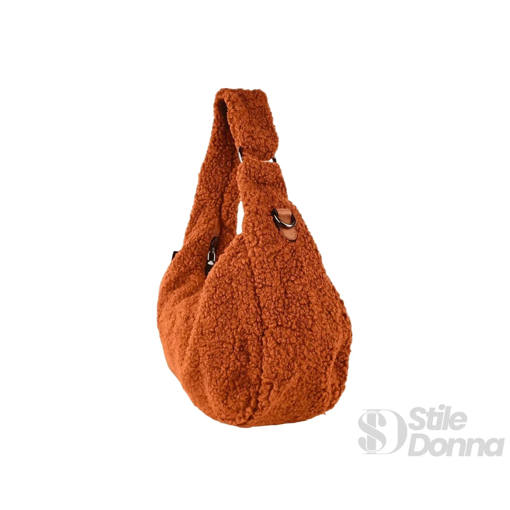 Borsa Hobo in Tessuto Testurizzato con Trama a Orsacchiotto Color Marrone - Stile Donna Bags