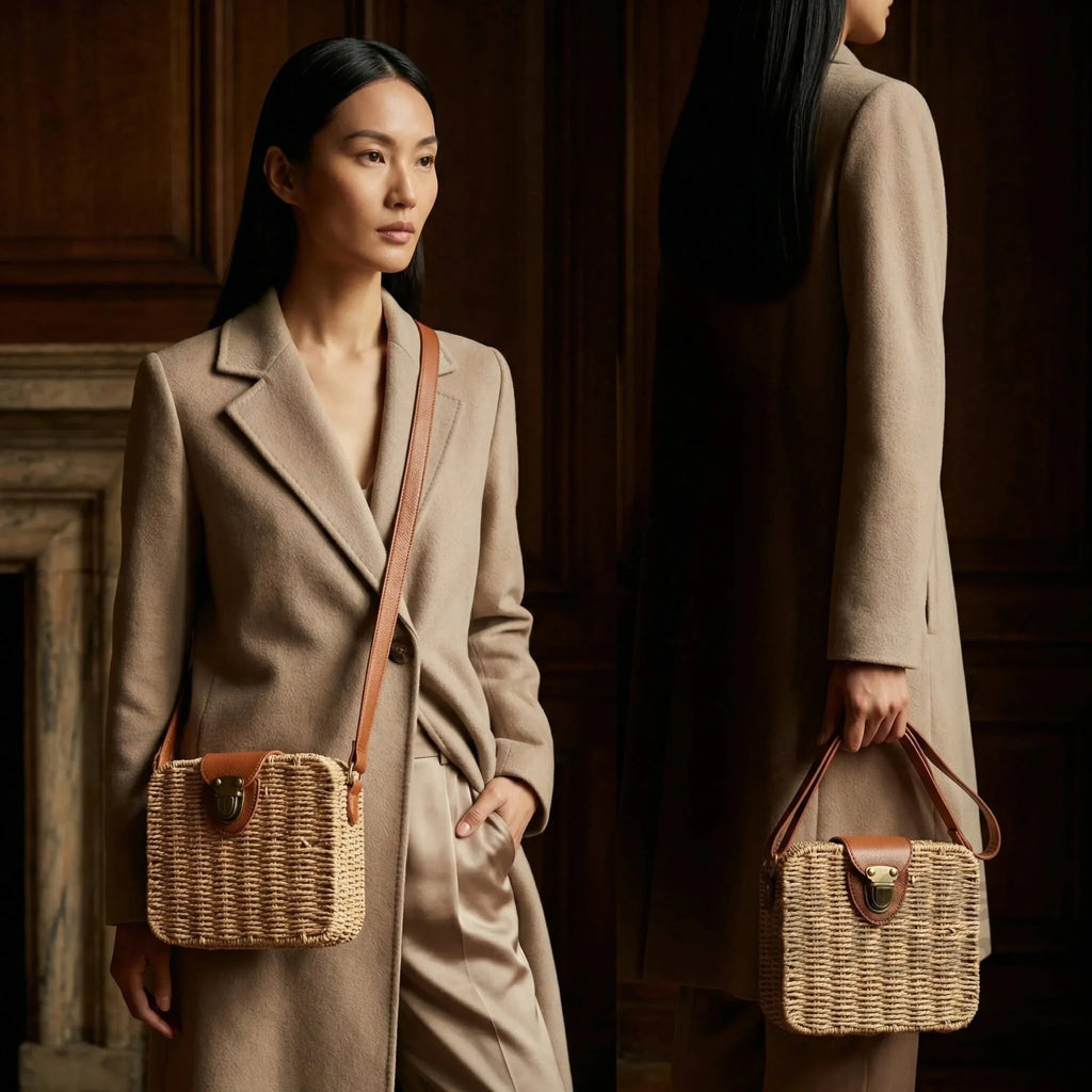 Borsa Intrecciata a Scatola in Paglia e Ecopelle - Stile Donna Bags