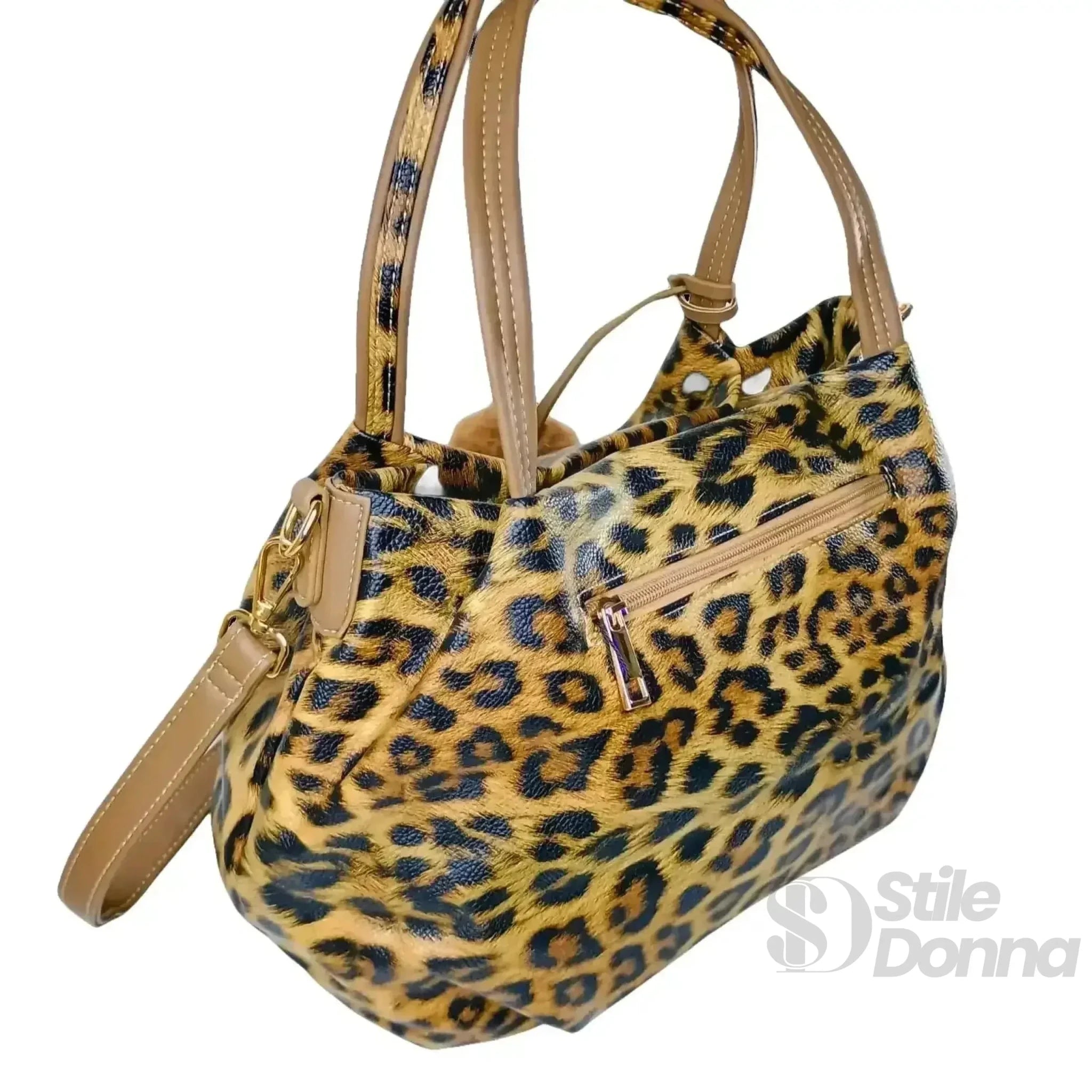 Borsa Leopardata in Ecopelle con Dettagli in Metallo Dorato - Stile Donna Bags