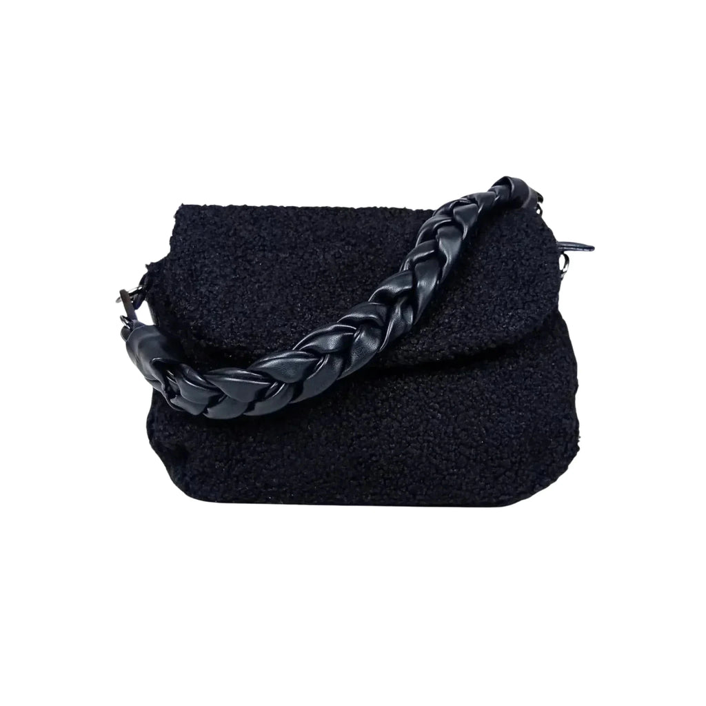 Borsa Nera con Manico Intrecciato in Tessuto Testurizzato e Ecopelle con Tracolla Regolabile - Stile Donna Bags
