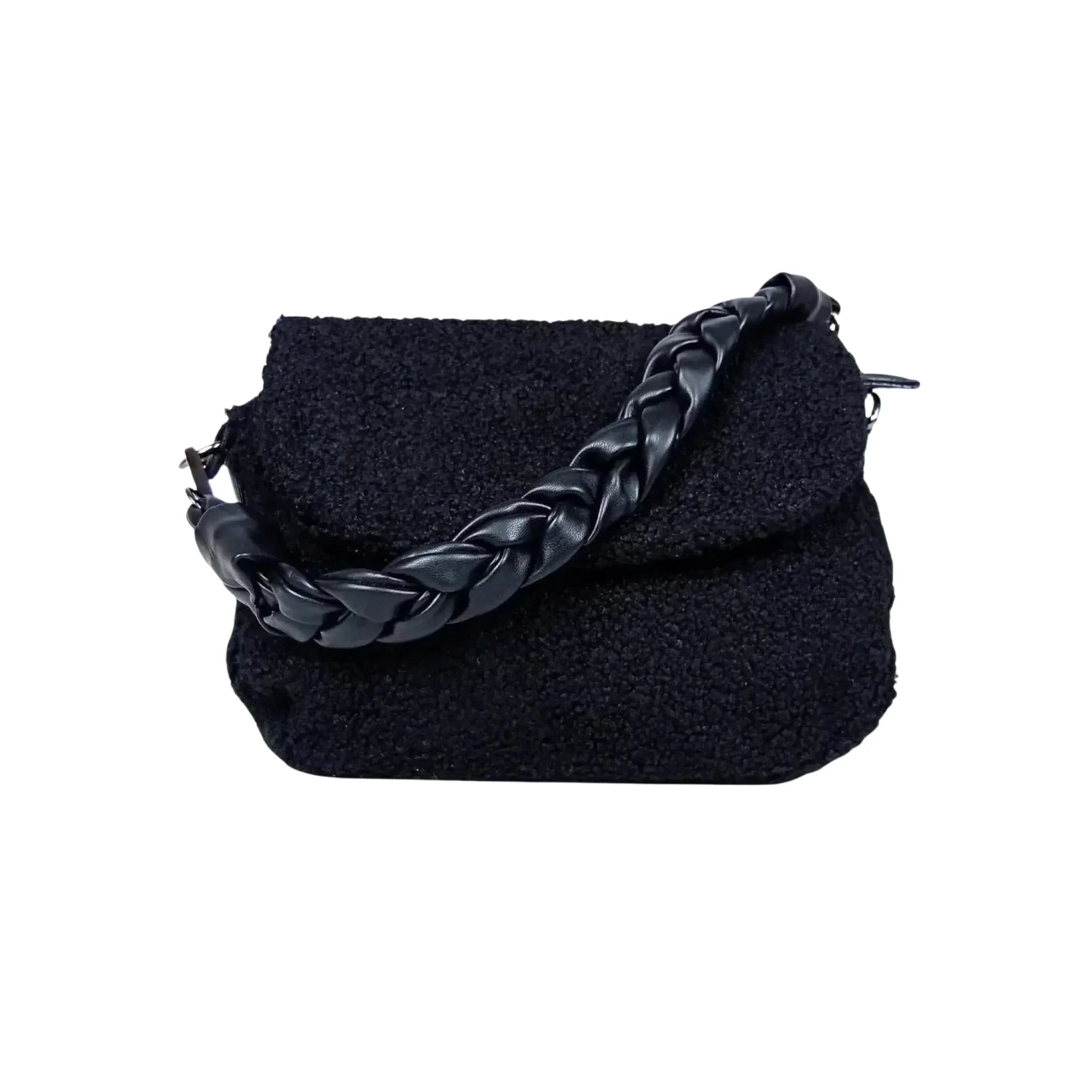 Borsa Nera con Manico Intrecciato in Tessuto Testurizzato e Ecopelle con Tracolla Regolabile - Stile Donna Bags