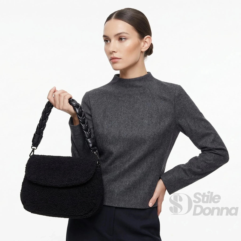Borsa Nera con Manico Intrecciato in Tessuto Testurizzato e Ecopelle con Tracolla Regolabile - Stile Donna Bags