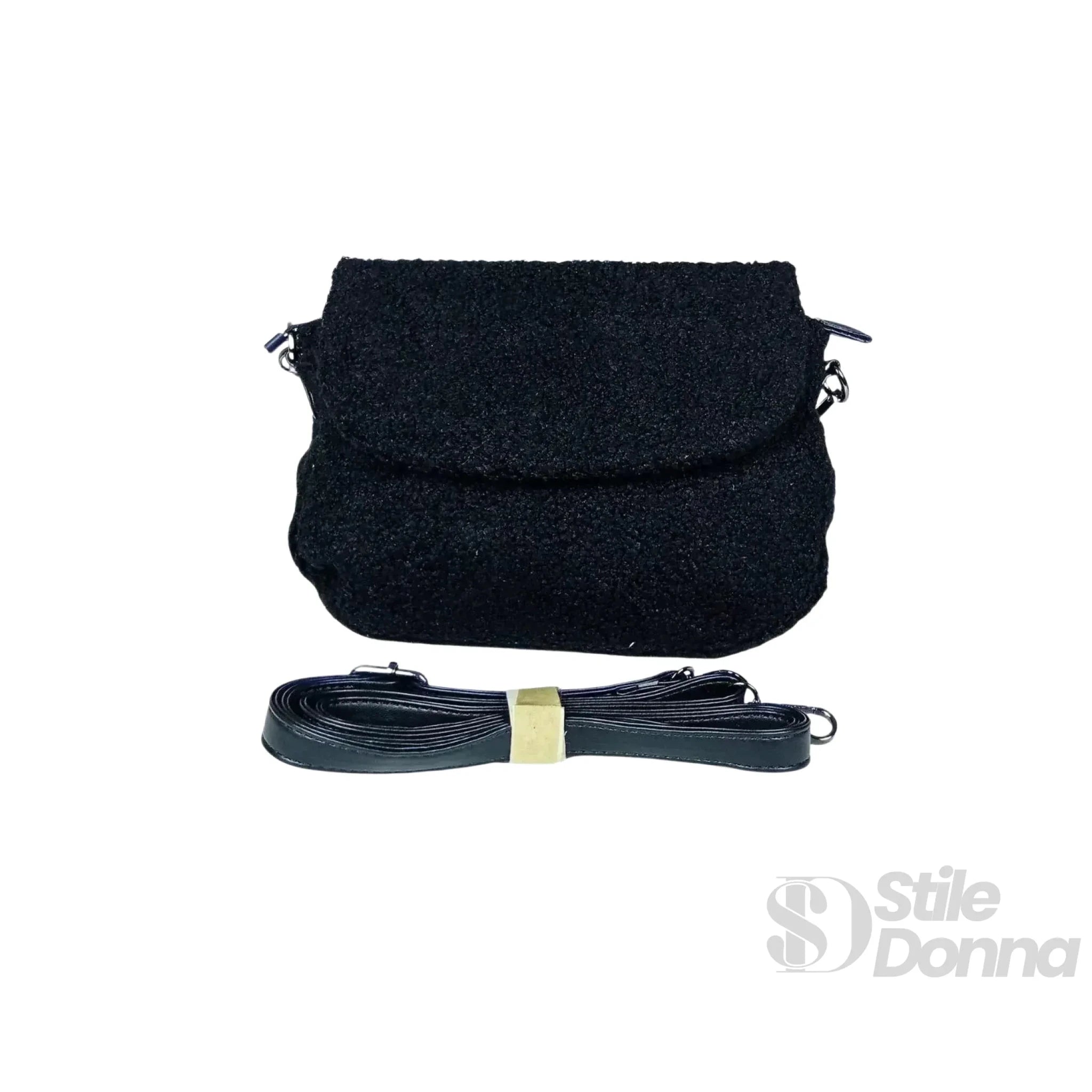 Borsa Nera con Manico Intrecciato in Tessuto Testurizzato e Ecopelle con Tracolla Regolabile - Stile Donna Bags