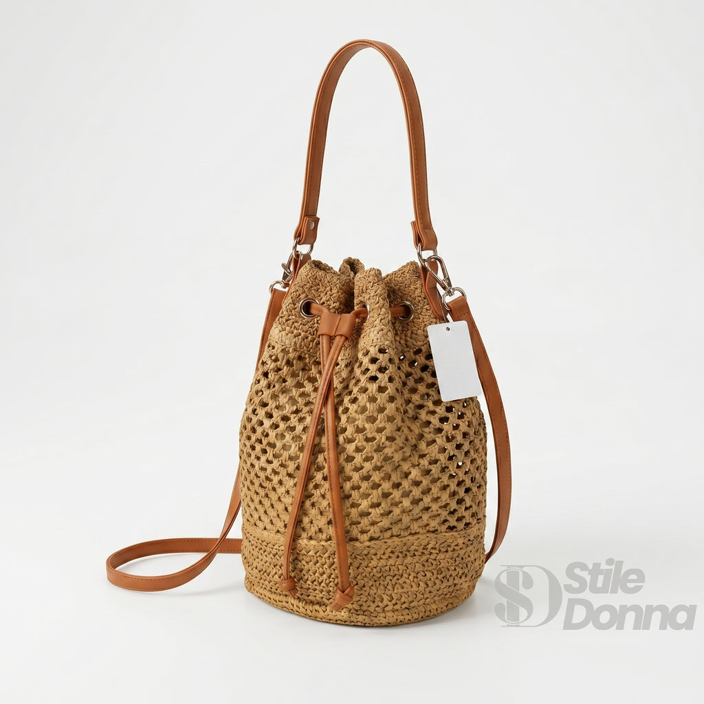 Borsa Secchiello in Paglia Intrecciata con Spallacci in Ecopelle Marrone - Stile Donna Bags