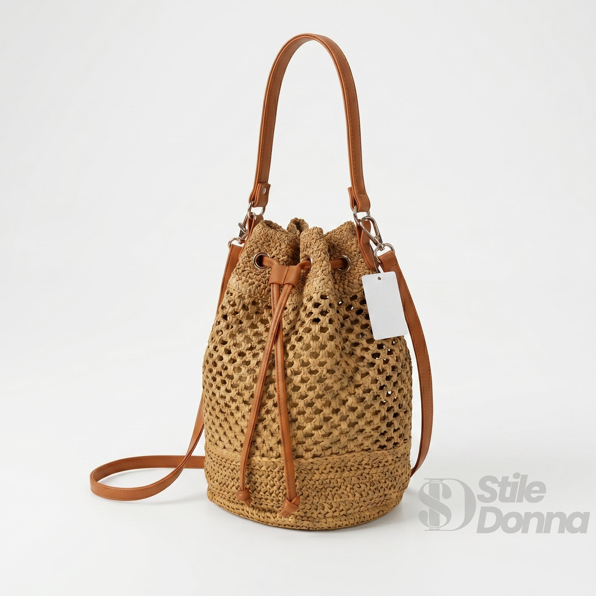 Borsa Secchiello in Paglia Intrecciata con Spallacci in Ecopelle Marrone - Stile Donna Bags