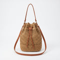 Borsa Secchiello in Paglia Intrecciata con Spallacci in Ecopelle Marrone - Stile Donna Bags