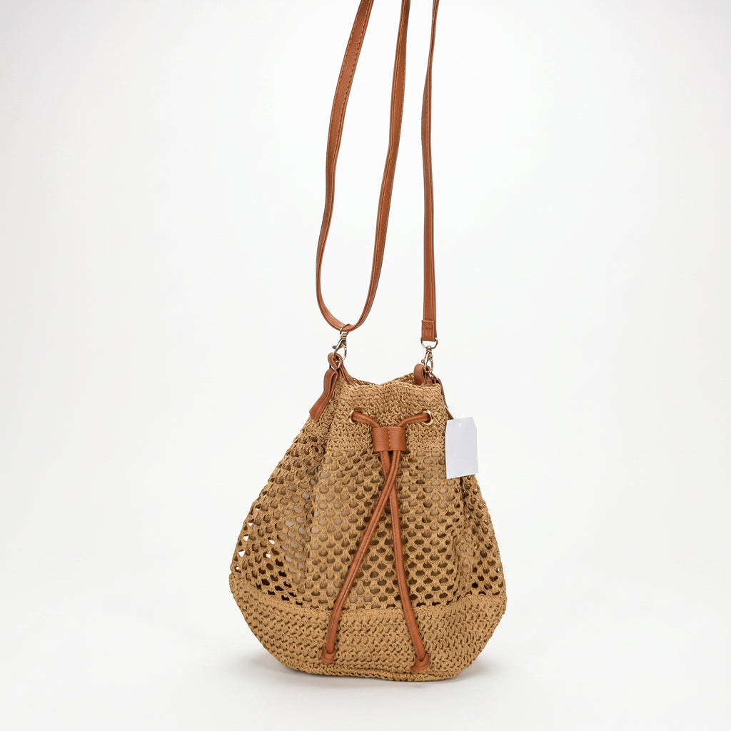Borsa Secchiello in Paglia Intrecciata con Spallacci in Ecopelle Marrone - Stile Donna Bags