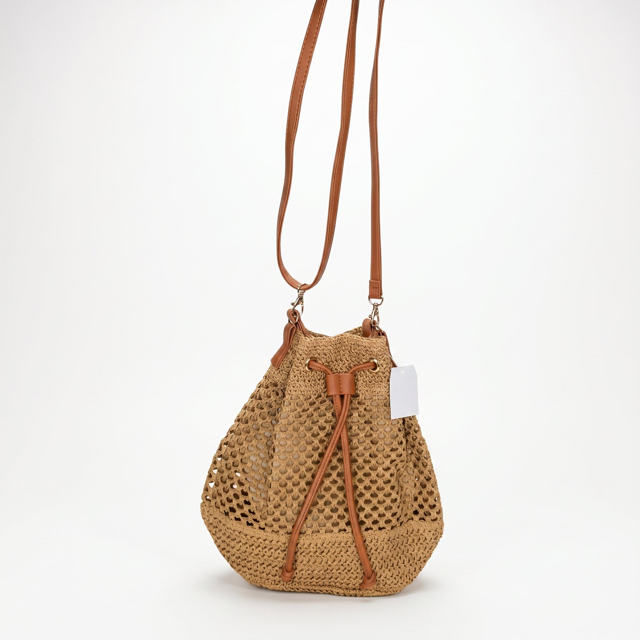 Borsa Secchiello in Paglia Intrecciata con Spallacci in Ecopelle Marrone - Stile Donna Bags