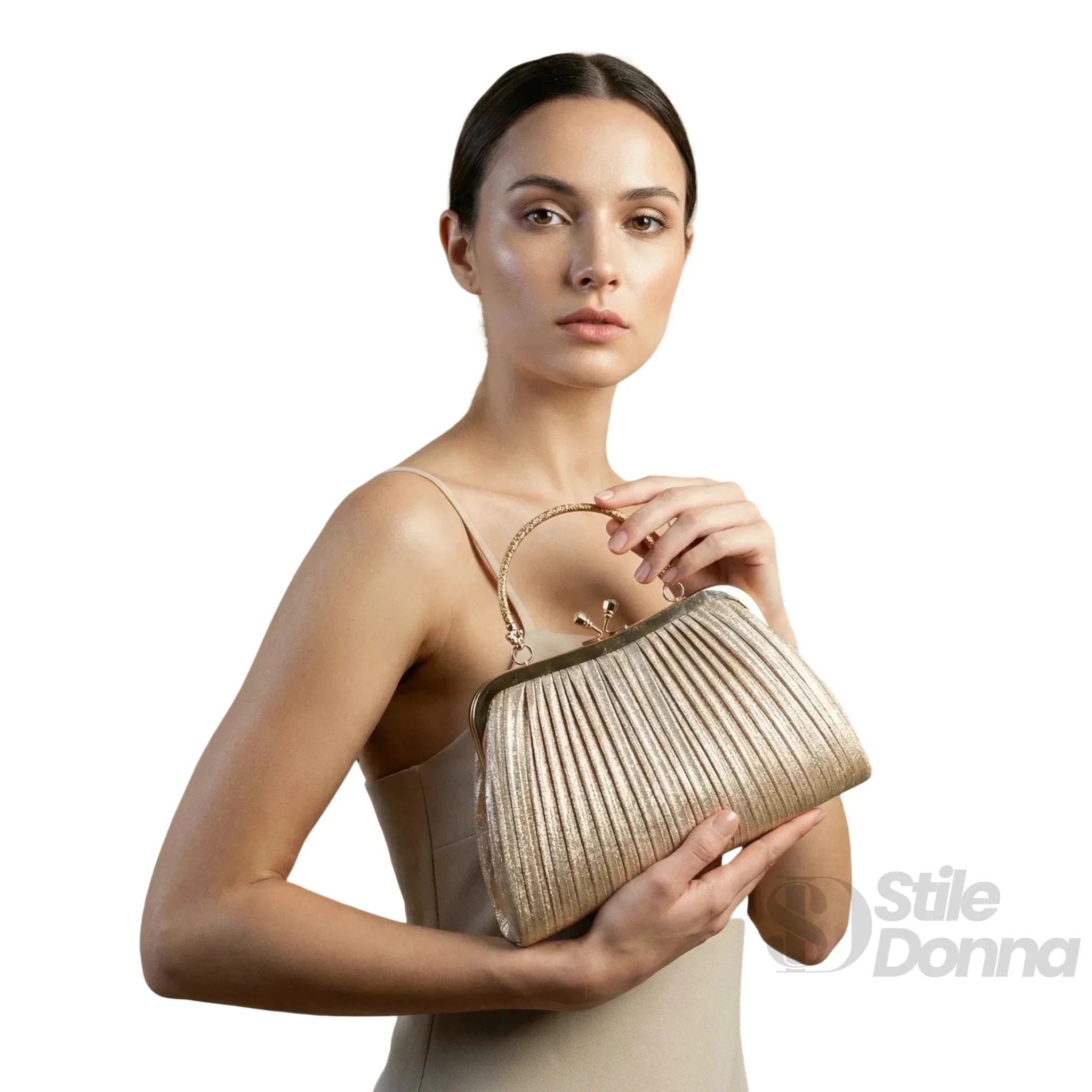 Borsa Soft Pouch con Strass Cristallo Dorato e Tracolla - Stile Donna Bags