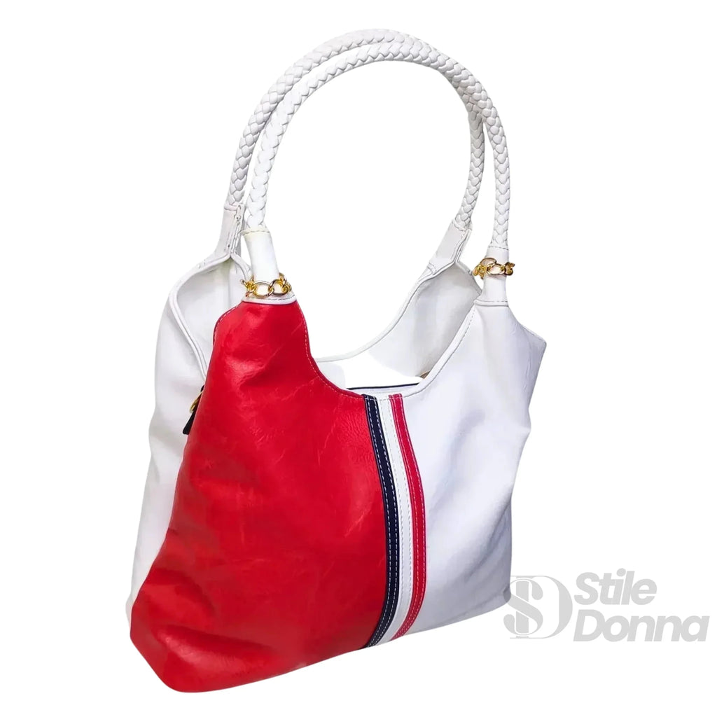 Borsa Tote a Spalla in Ecopelle Tricolore con Manici Intrecciati - Stile Donna Bags