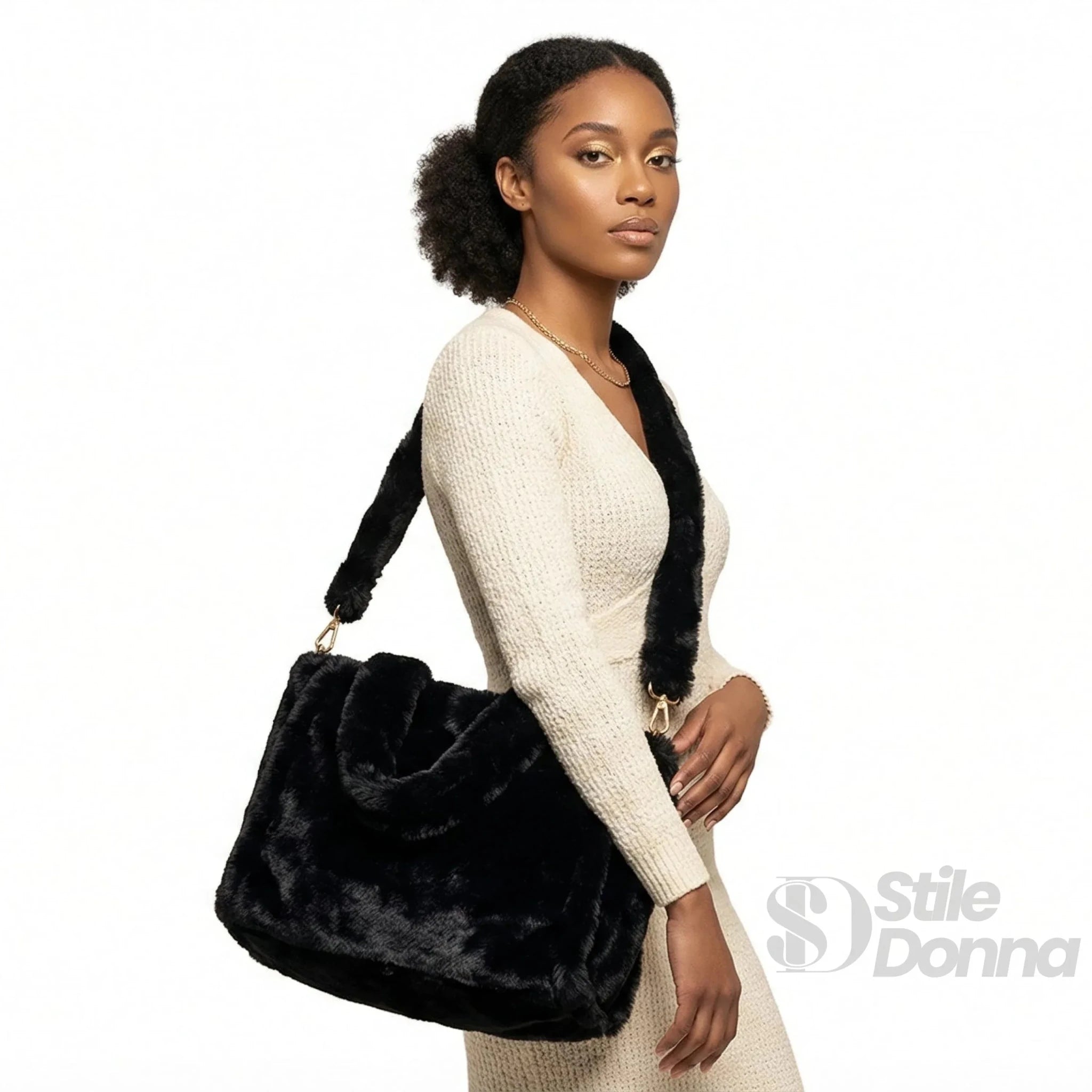 Borsa Tote in Pelliccia Sintetica Color Crema per Outfit Casual e Formali - Stile Donna Bags