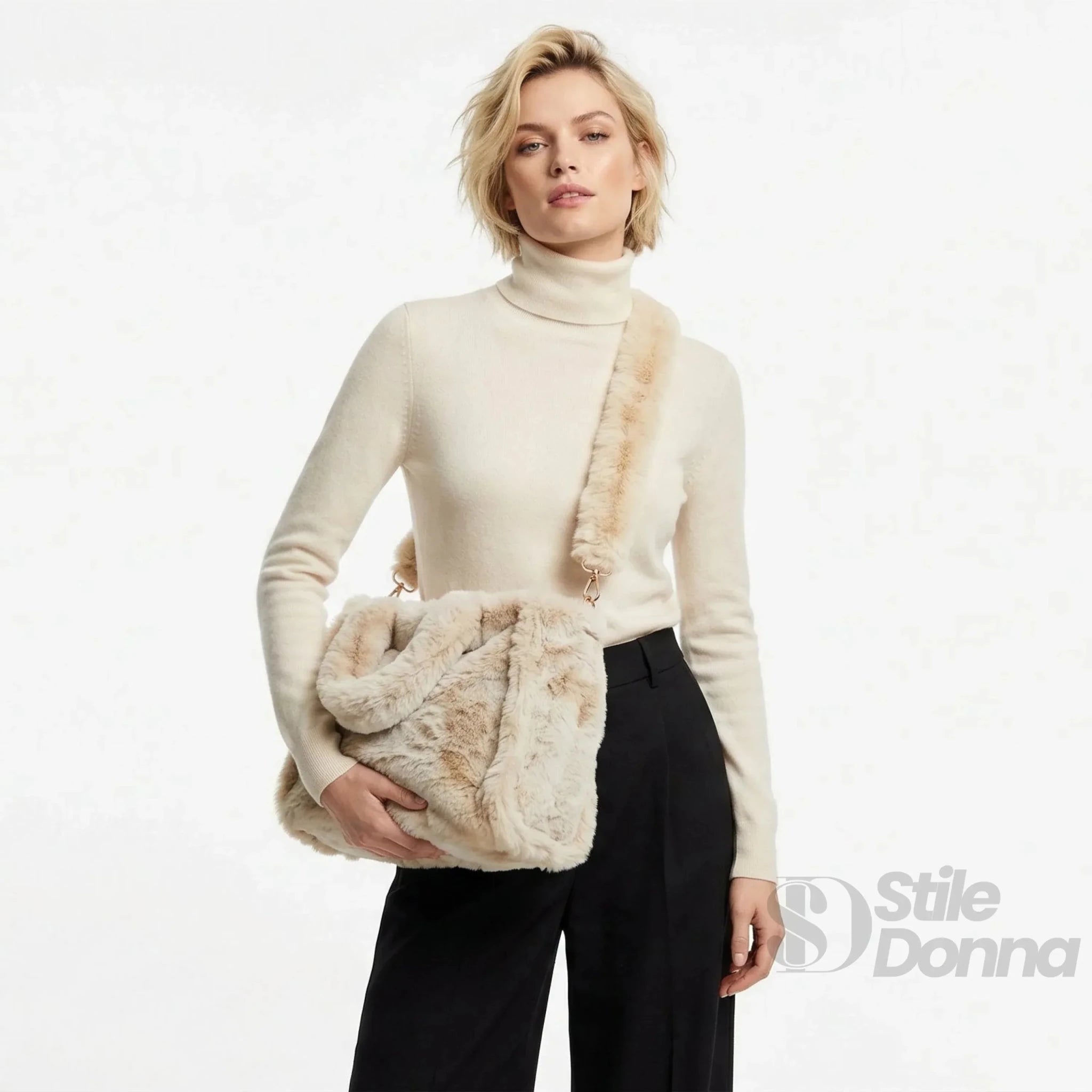 Borsa Tote in Pelliccia Sintetica Color Crema per Outfit Casual e Formali - Stile Donna Bags