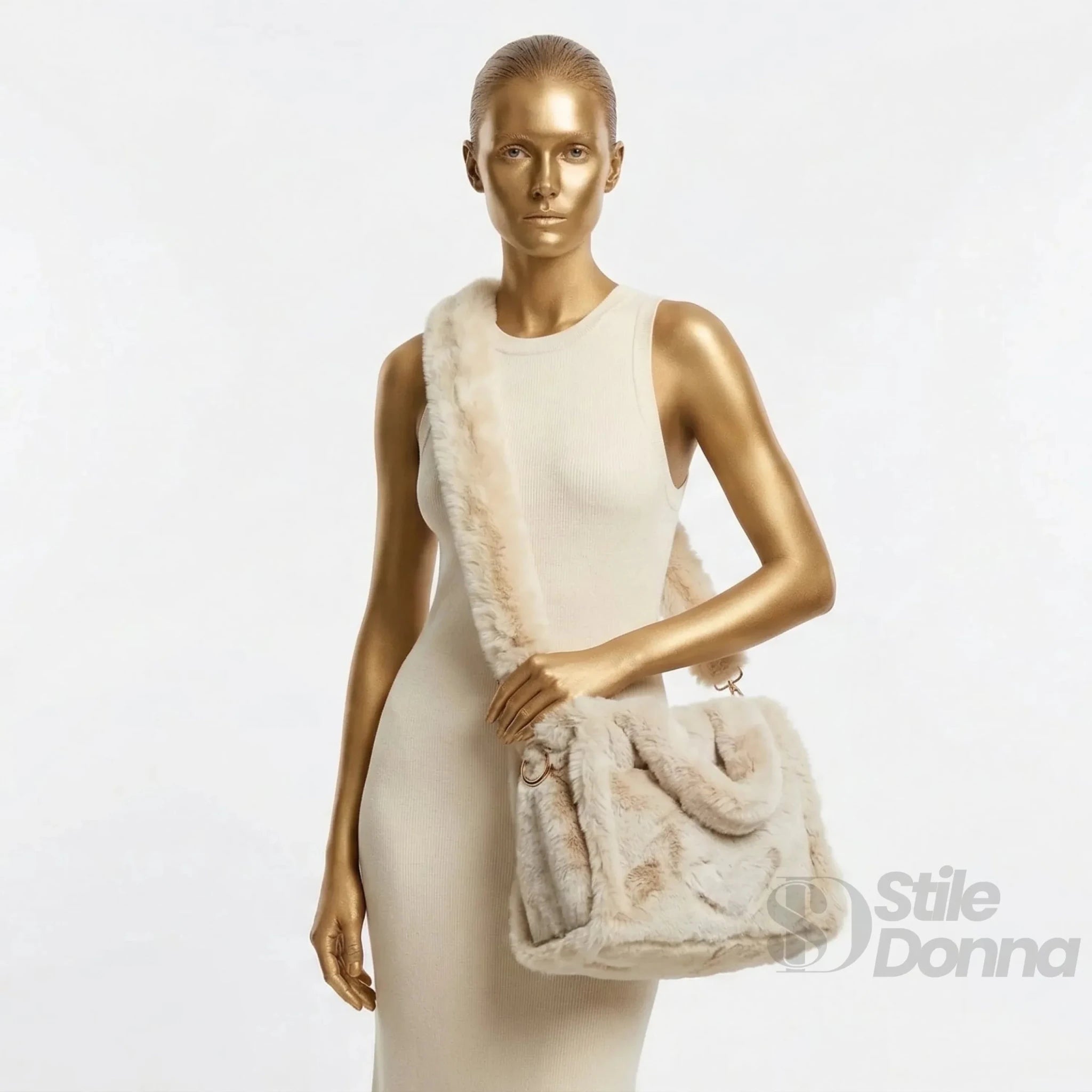 Borsa Tote in Pelliccia Sintetica Color Crema per Outfit Casual e Formali - Stile Donna Bags