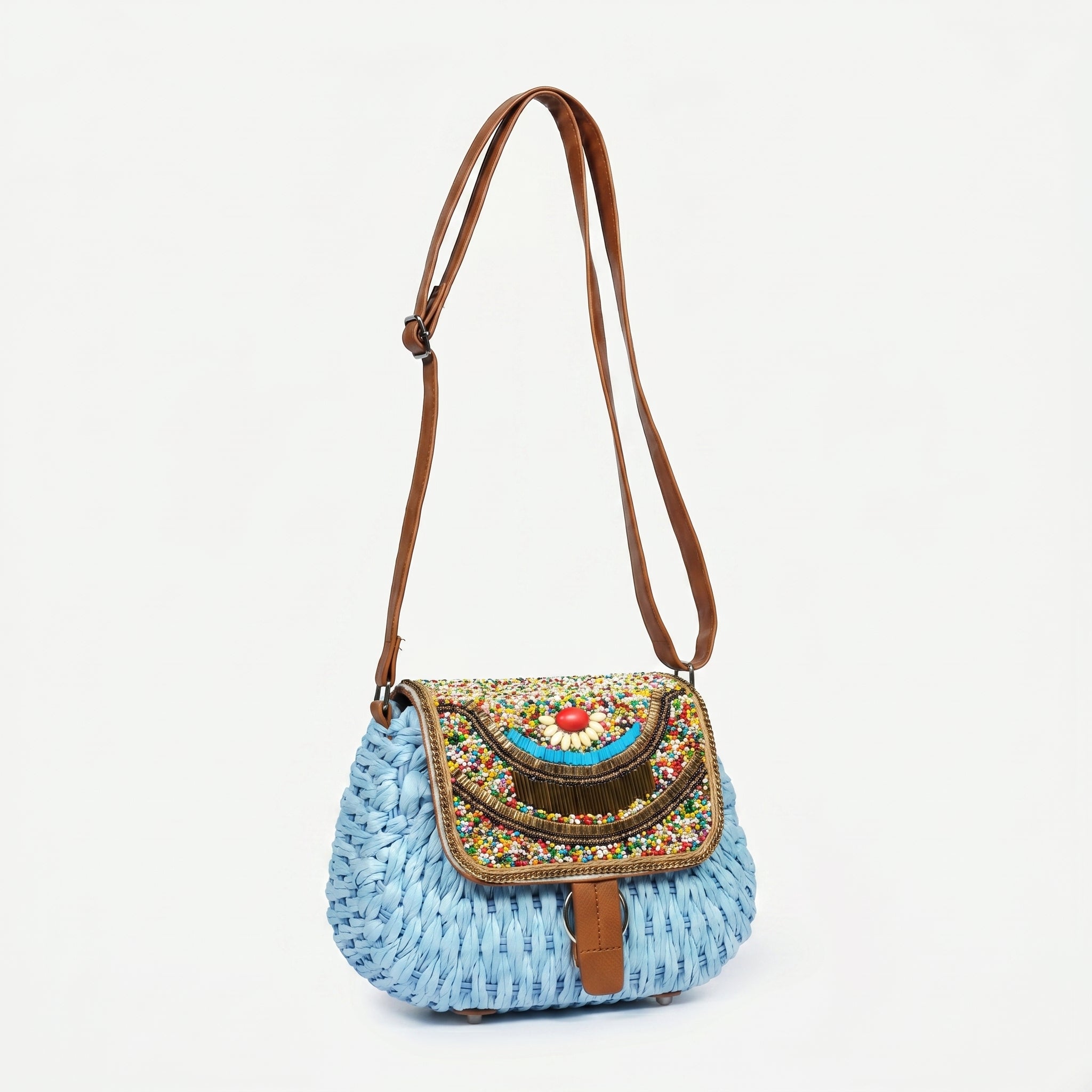 Borsa Tracolla in Rafia Intrecciata con Pattino Ricamato a Perline - Stile Donna Bags