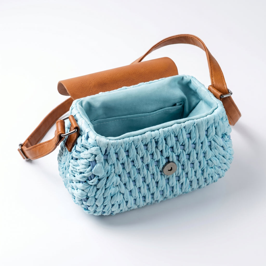 Borsa Tracolla in Rafia Intrecciata con Pattino Ricamato a Perline - Stile Donna Bags