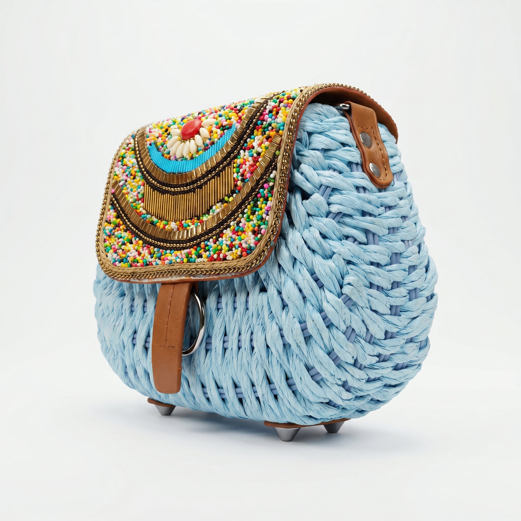 Borsa Tracolla in Rafia Intrecciata con Pattino Ricamato a Perline - Stile Donna Bags