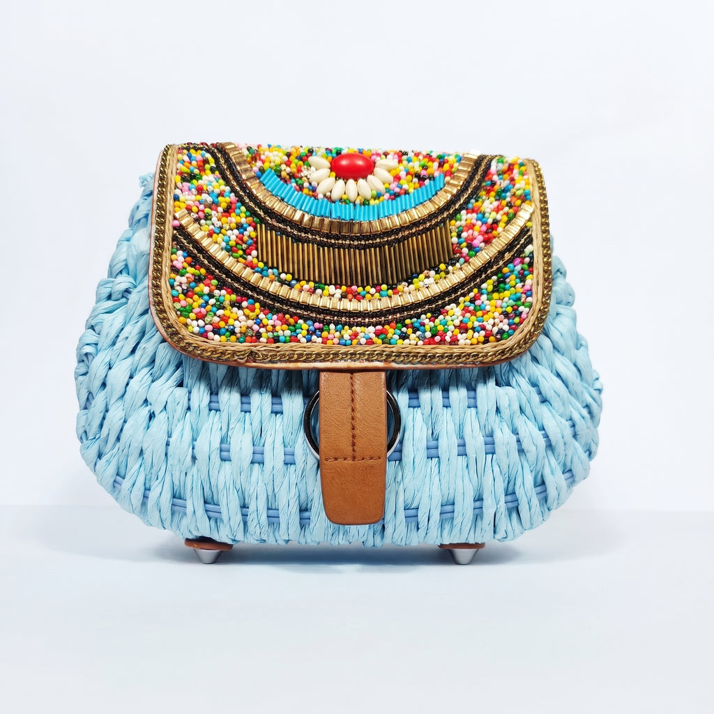 Borsa Tracolla in Rafia Intrecciata con Pattino Ricamato a Perline - Stile Donna Bags