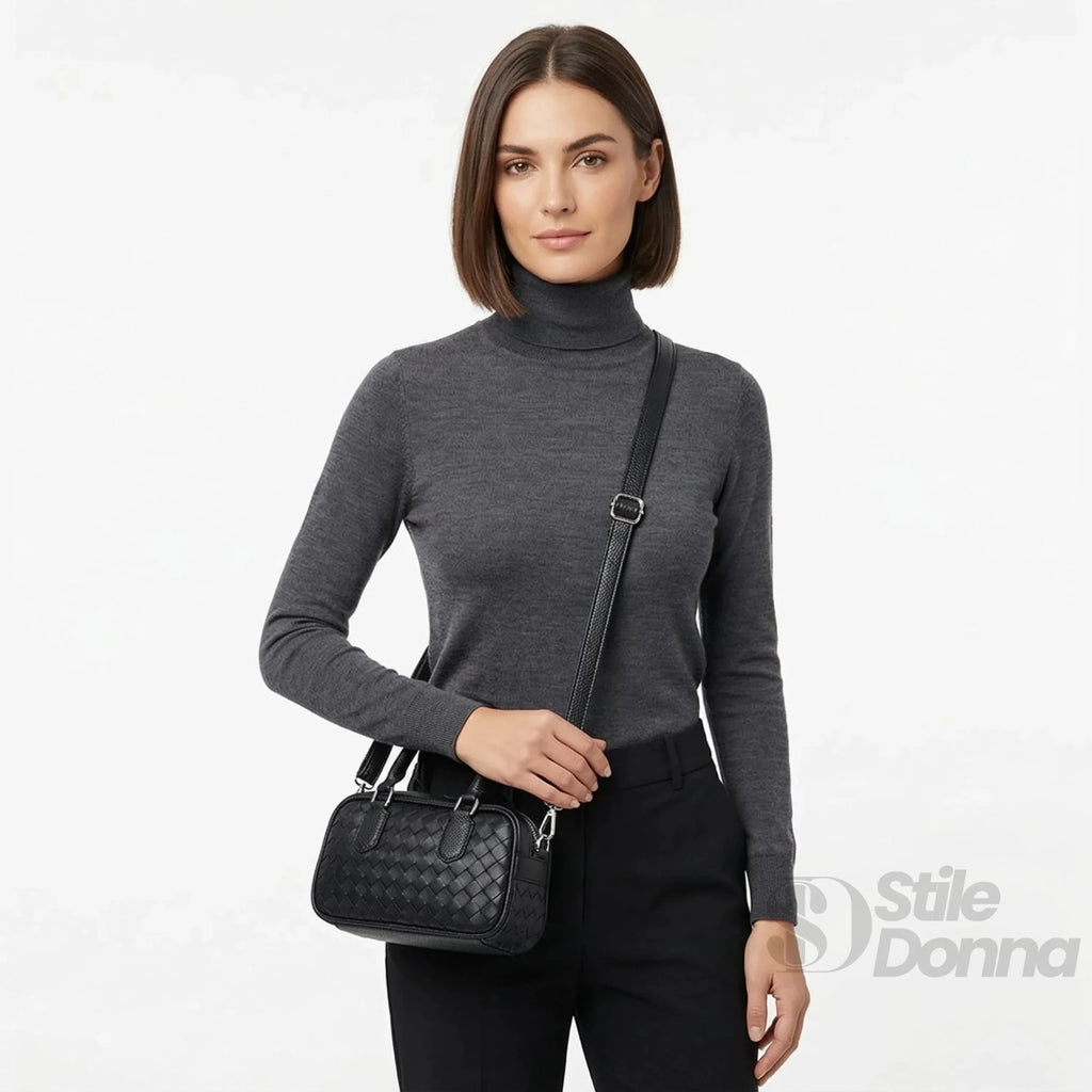 Borsa a Cilindro Intrecciata in Ecopelle Nera con Fodera Microfibra - Stile Donna Bags