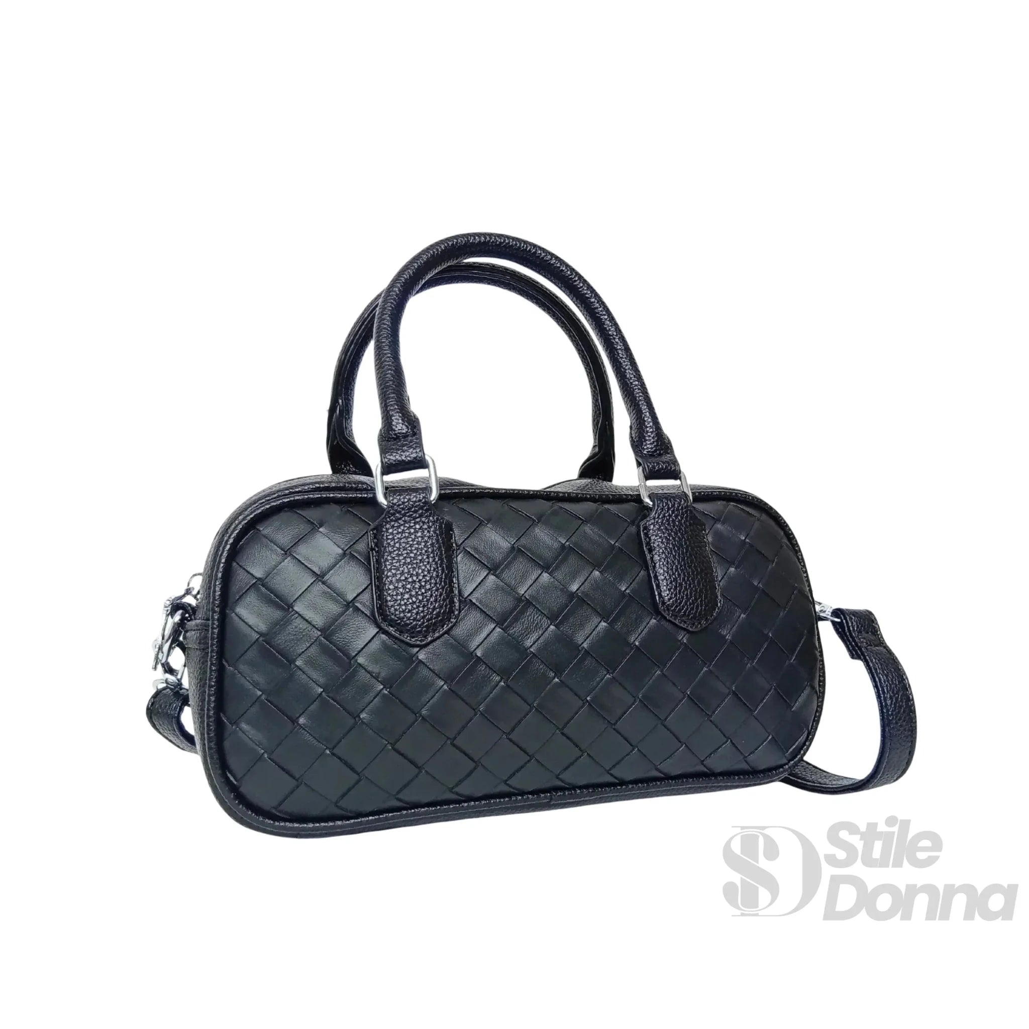 Borsa a Cilindro Intrecciata in Ecopelle Nera con Fodera Microfibra - Stile Donna Bags